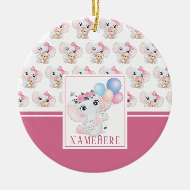 Girly Pink Elephant with Bow and Balloon Pattern Ceramic Ornament (Front)