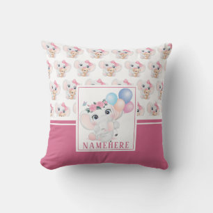 Girly Pink Elephant with Bow and Balloon Pattern Cushion
