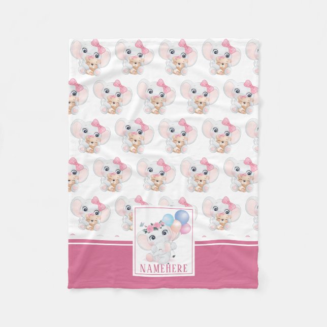 Girly Pink Elephant with Bow and Balloon Pattern Fleece Blanket (Front)