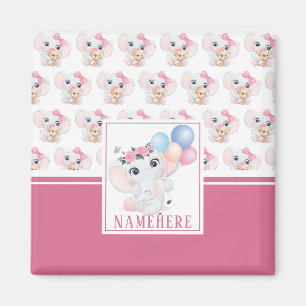 Girly Pink Elephant with Bow and Balloon Pattern Magnet
