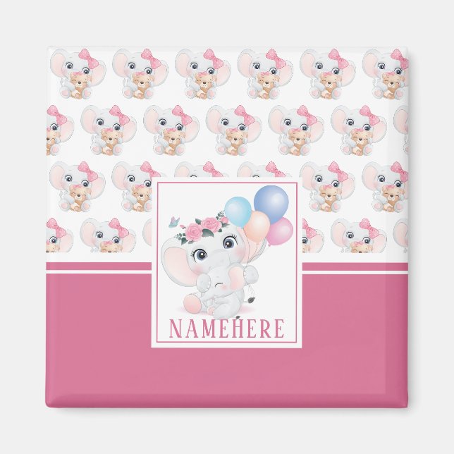 Girly Pink Elephant with Bow and Balloon Pattern Magnet (Front)