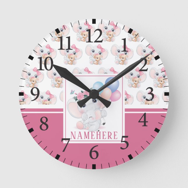 Girly Pink Elephant with Bow and Balloon Pattern Round Clock (Front)