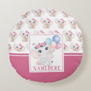 Girly Pink Elephant with Bow and Balloon Pattern Round Cushion