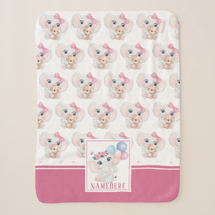 Girly Pink Elephant with Bow and Balloon Pattern Sherpa Blanket