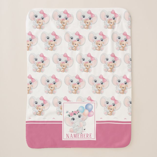 Girly Pink Elephant with Bow and Balloon Pattern Sherpa Blanket (Front)