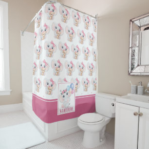 Girly Pink Elephant with Bow and Balloon Pattern Shower Curtain