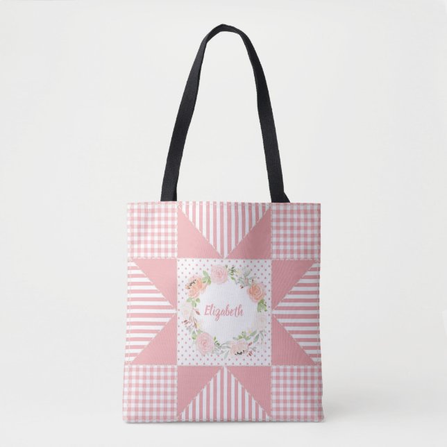 Girly Pink Evening Star Quilt Rose Wreath and Name Tote Bag (Front)