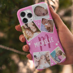 Girly Pink Family Photo Collage iPhone 11 Pro Case<br><div class="desc">Personalized girly iphone case featuring a trendy pink textured background,  5 family pictures,  white stars,  your initial and name.</div>
