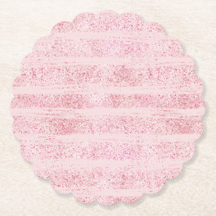 Girly Pink Faux Glitter Stripes Birthday Paper Coaster