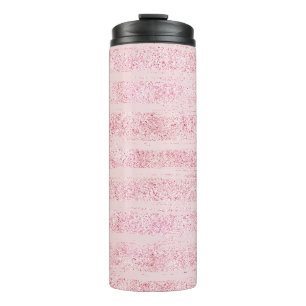Girly Pink Faux Glitter Stripes Thermal Tumbler