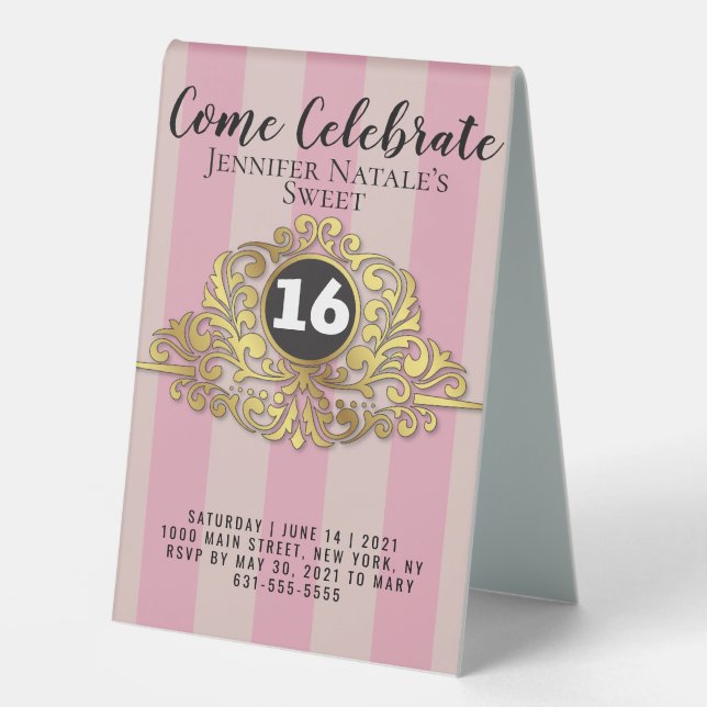 Girly Pink Faux Gold Foil Sweet 16 TableTent (Front)