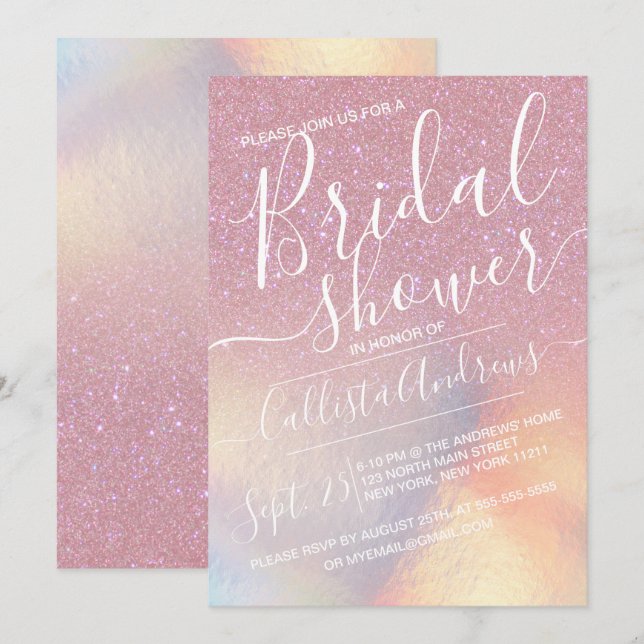 Girly Pink Faux Iridescent Glitter Bridal Shower Invitation (Front/Back)