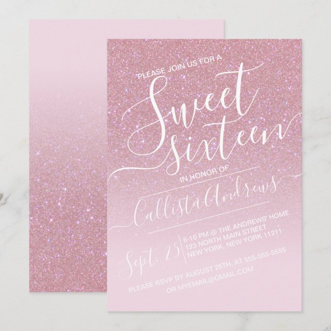 Girly Pink Faux Sparkly Glitter Ombre Sweet 16 Invitation (Front/Back)