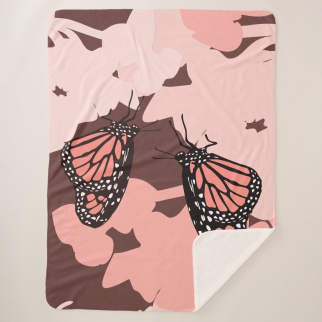 Girly Pink Feeding Monarch Butterfly Pair Sherpa Blanket (Front)