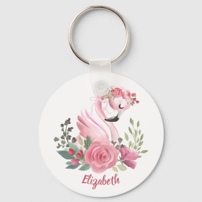 Girly Pink Flamingo Floral Roses Name Key Ring (Front)
