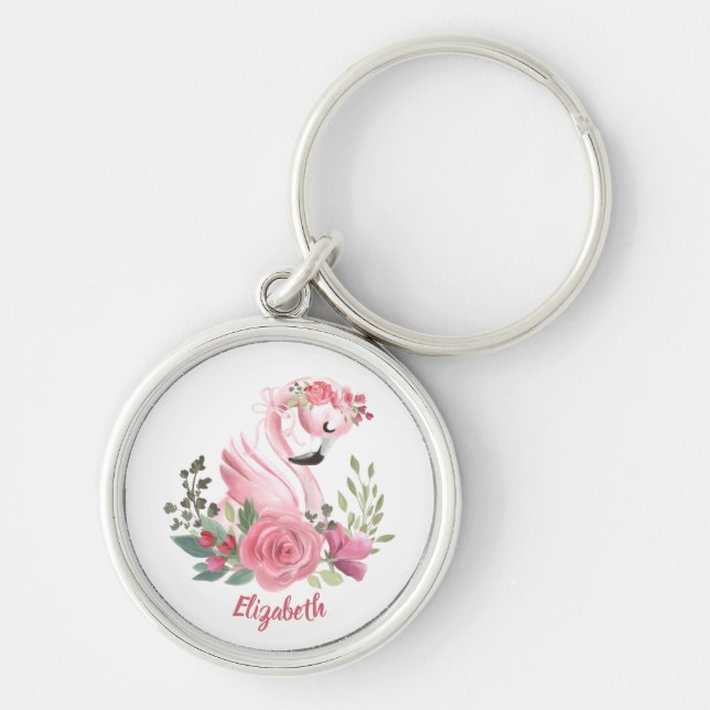 Girly Pink Flamingo Floral Roses Name Key Ring (Front)