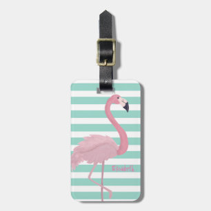 Girly Pink Flamingo On Mint White Stripes Luggage Tag