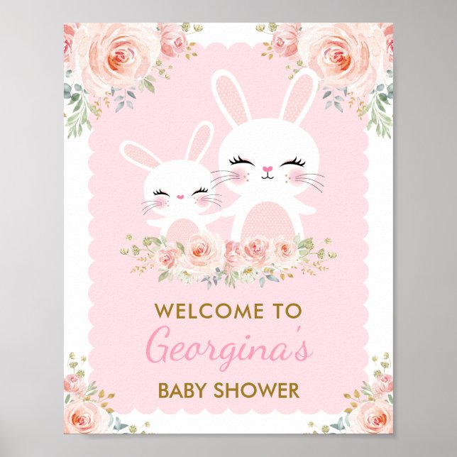 Girly Pink Floral Bunny Baby Shower Cute Rabbit Poster (Front)