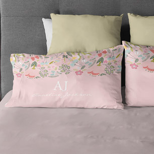 Girly pink floral chic monogram name personalised pillowcase