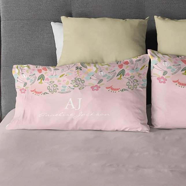 Girly pink floral chic monogram name personalised pillowcase (Creator Uploaded)