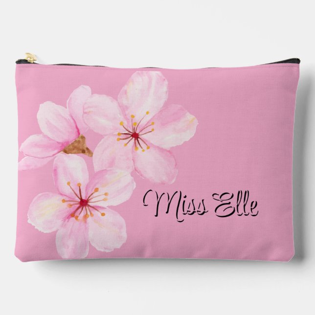 Girly Pink Floral Custom  Accessory Pouch (Front)