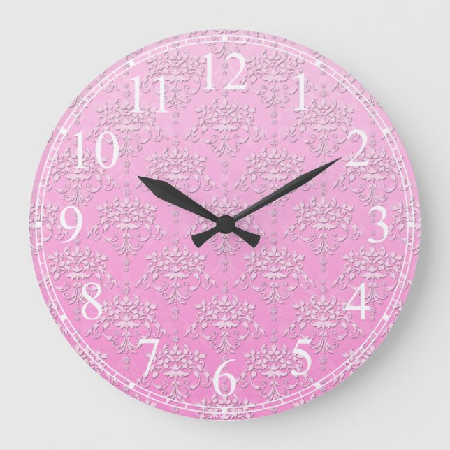 Girly Pink Floral Damask Pattern Large Clock (Front)