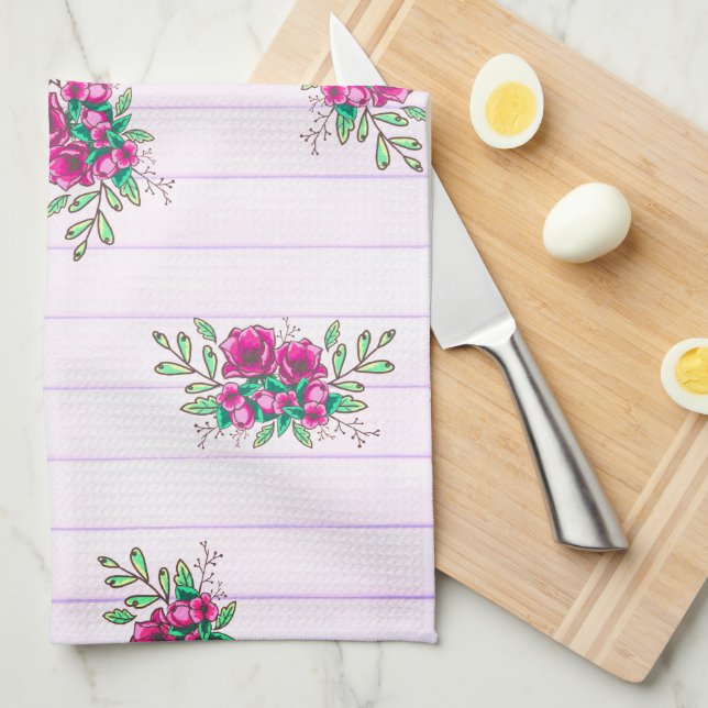 Girly Pink Floral Doodles & Pink Stripes Hello Tea Towel (Quarter Fold)