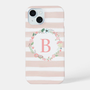 Girly Pink Floral Monogram iPhone 15 Case
