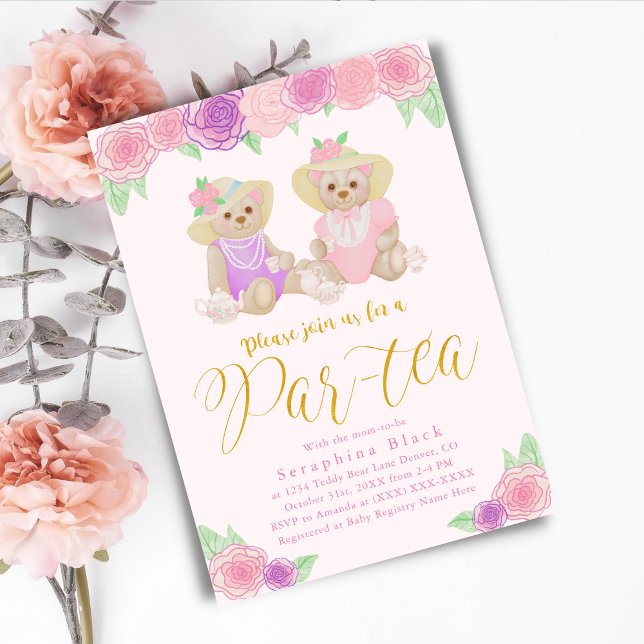 Girly Pink Floral Teddy Bear Tea Party Baby Shower Invitation (Creator Uploaded)
