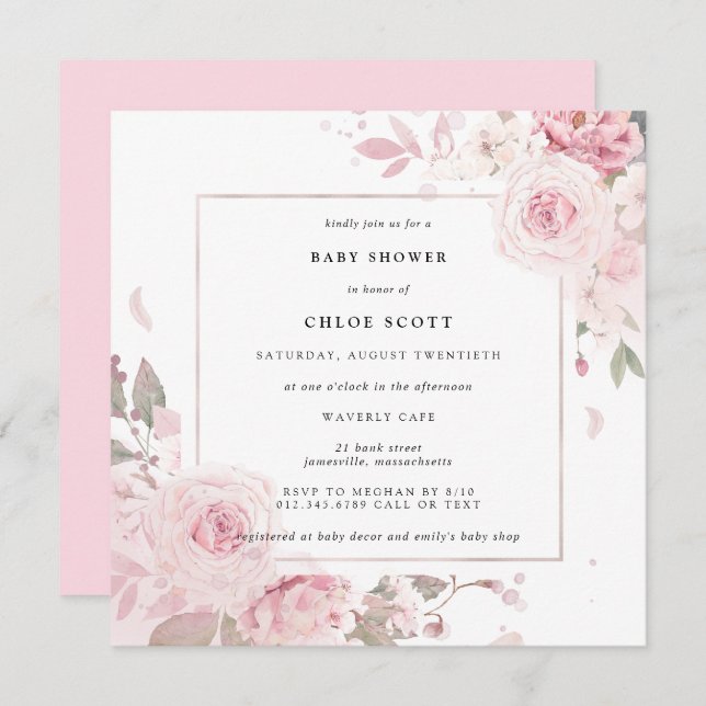 Girly Pink Floral Watercolor Baby Shower Invitation (Front/Back)