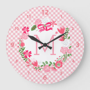 Girly Pink Floral Wreath Personalised Monogram Large Clock