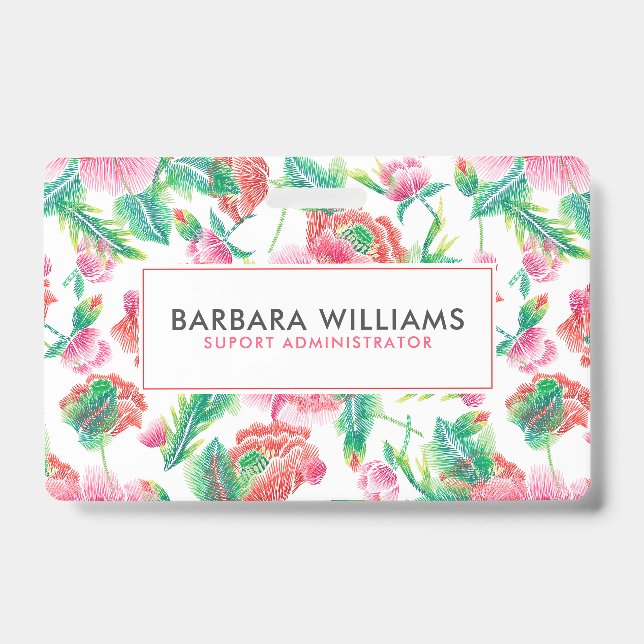 Girly Pink Flowers Green Leafs Pattern ID Badge (Front)