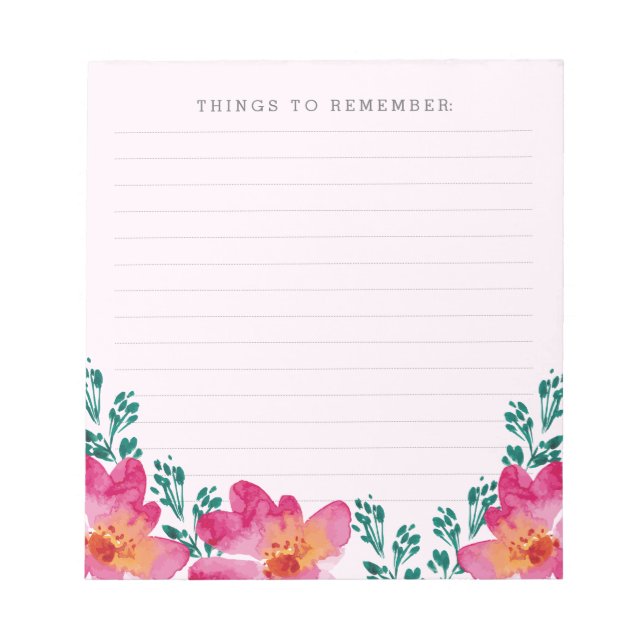 Girly Pink Flowers Watercolor Memo Notepad (Front)
