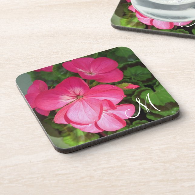 Girly Pink Geranium Photo Monogram  Coaster (Left Side)