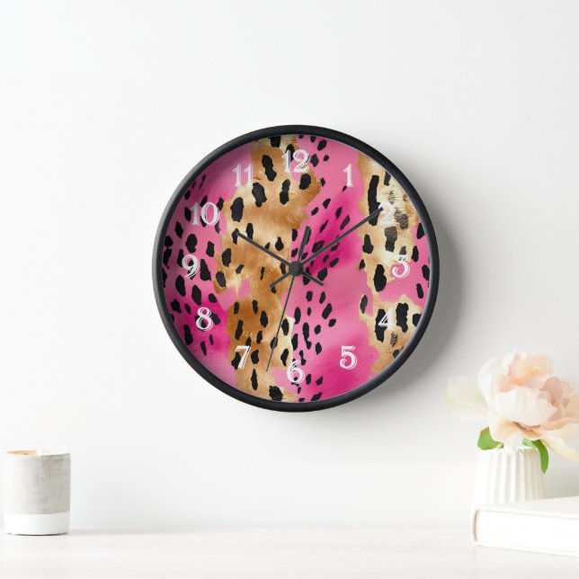 Girly Pink Glam Gold Leopard Print abstract Clock (Home)