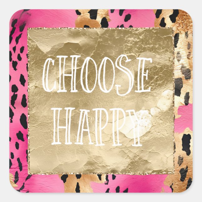 Girly Pink Glam Gold Leopard Print abstract Square Sticker (Front)