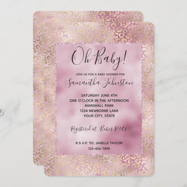 Girly Pink Glam Gold Leopard Print Invitation (Front/Back)
