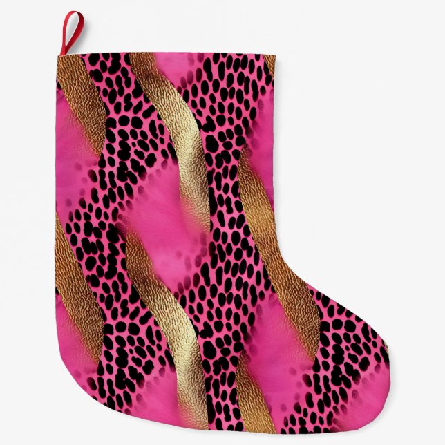 Girly Pink Glam Gold Leopard Print Large Christmas Stocking (Front)