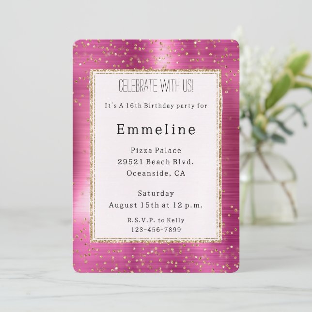 Girly Pink Glam Gold Sparkle Confetti Birthday Invitation (Standing Front)