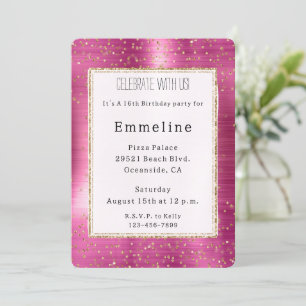 Girly Pink Glam Gold Sparkle Confetti Birthday Invitation