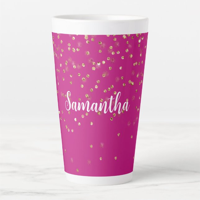 Girly Pink Glam Gold Sparkle Confetti Personalised Latte Mug (Front)