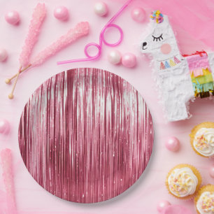 Girly Pink Glam Tinsel Stripes Paper Plate