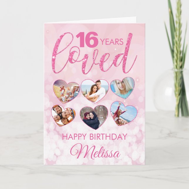 Girly Pink Glitter 16th Birthday Photo Collage Card (Front)