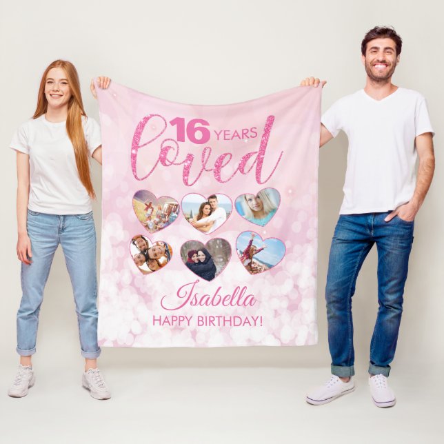 Girly Pink Glitter 16th Birthday Photo Collage Fleece Blanket (In Situ)