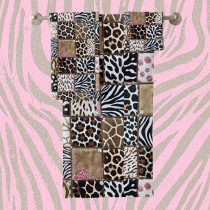 Girly Pink Glitter African Animal Print Towel Set