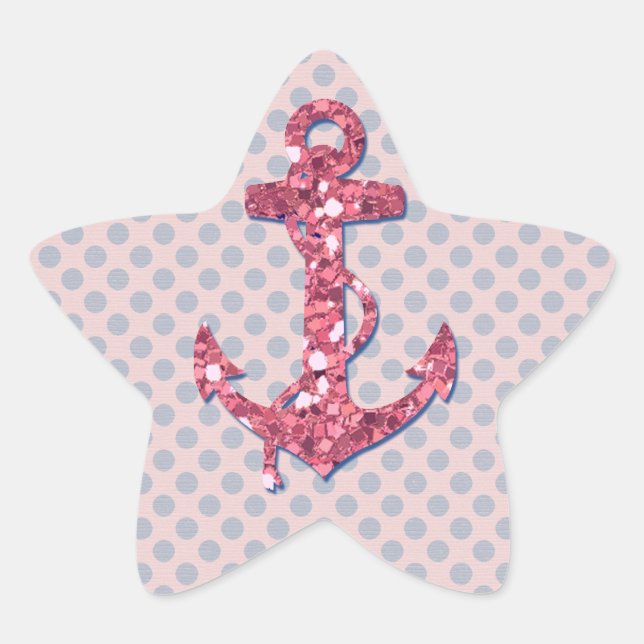 GIRLY PINK GLITTER ANCHOR DOTS PATTERN STAR STICKER (Front)