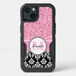 Girly, Pink, Glitter Black Damask Personalised