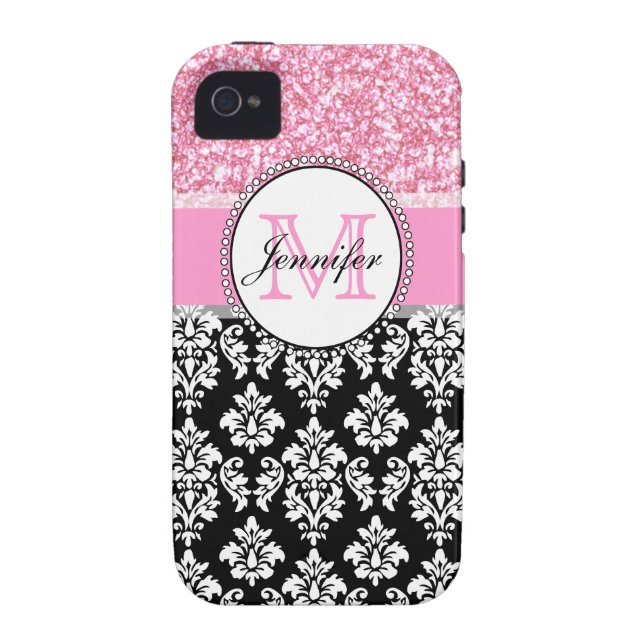 Girly, Pink, Glitter Black Damask Personalised Case-Mate iPhone Case (Back)