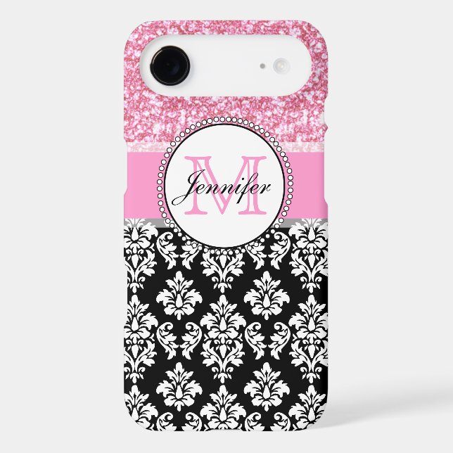 Girly, Pink, Glitter Black Damask Personalised Case-Mate iPhone Case (Back)