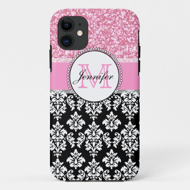 Girly, Pink, Glitter Black Damask Personalised Case-Mate iPhone Case (Back)